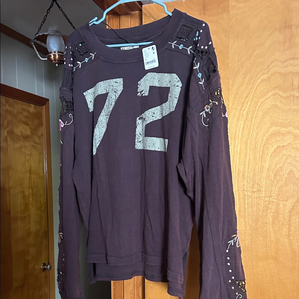 Free People Plum Embroidered Long Sleeve Tee with '72' Graphic